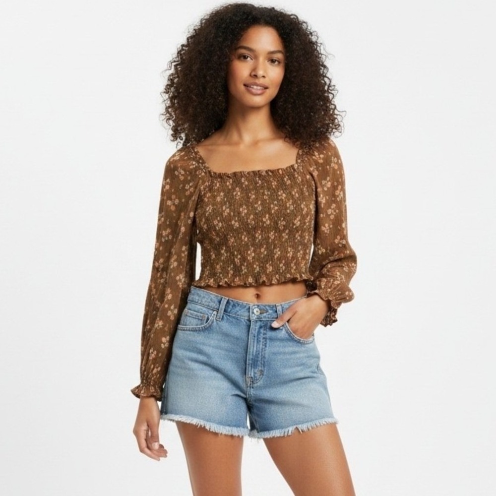 Aerie Floral Smocked Crop Top Small Brown Cottagecore Boho Peasant Puff Sleeve